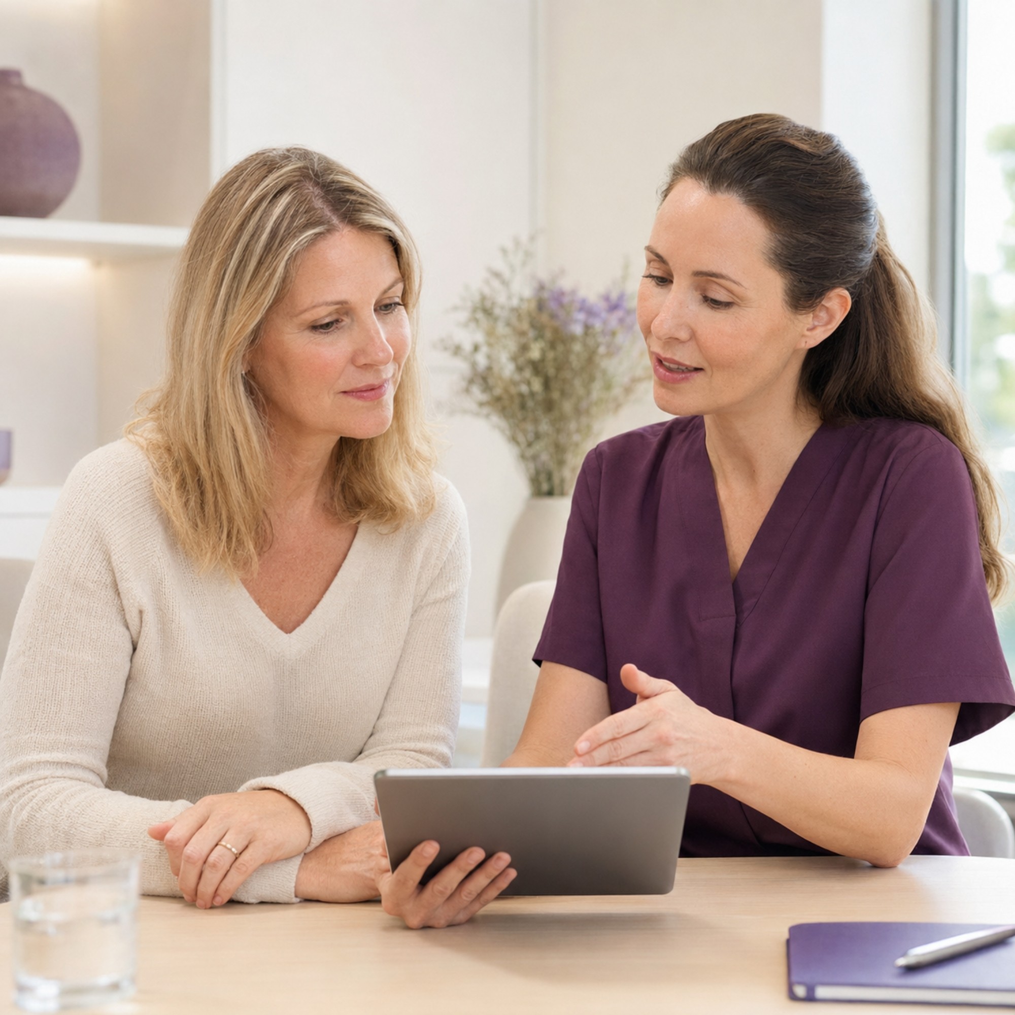 Vrouw bespreekt realistische verwachtingen van een haartransplantatie.