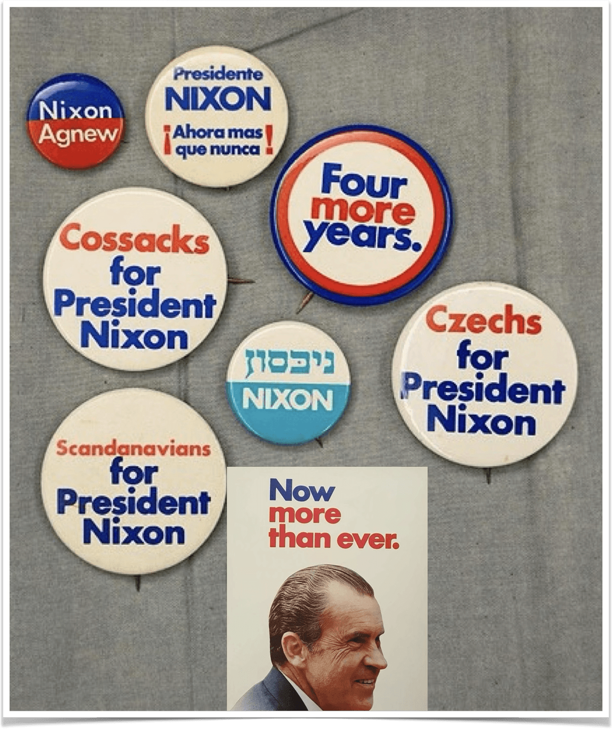 Richard Nixon's re-election visual identity poster and badge pins.