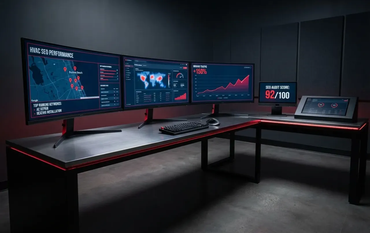 Two computer monitors sitting on a desk in a room