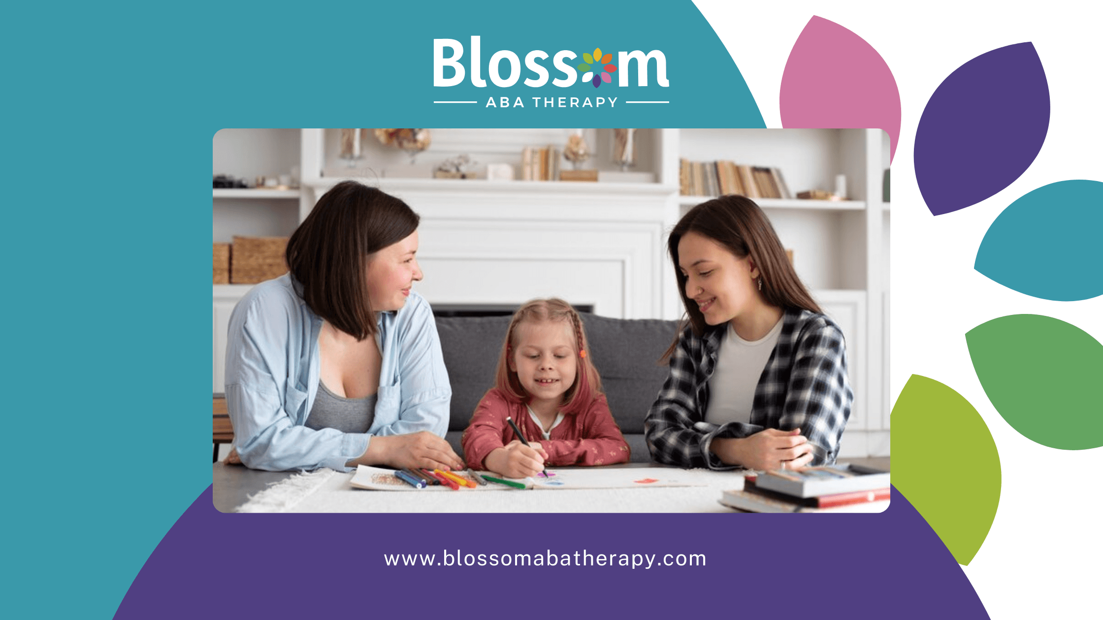 A little girl is sitting between her mother and and RBT while writing on a paper