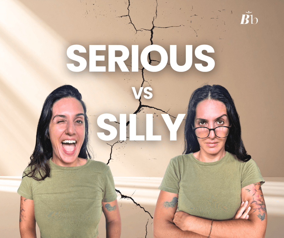 Two facets of the same woman are being shown through a split frame with 2 pictures of her. One is light and bright, winking at the camera and smiling. The other is very formal and serious, crossing her arms, raising one eyebrow and wearing glasses