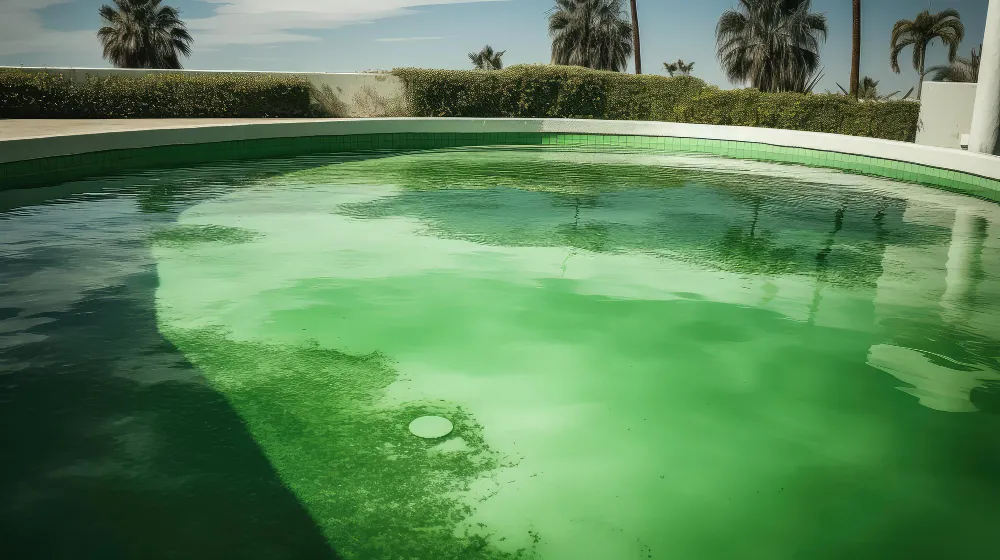 Green, algae-filled swimming pool before treatment, with surrounding garden in the background.