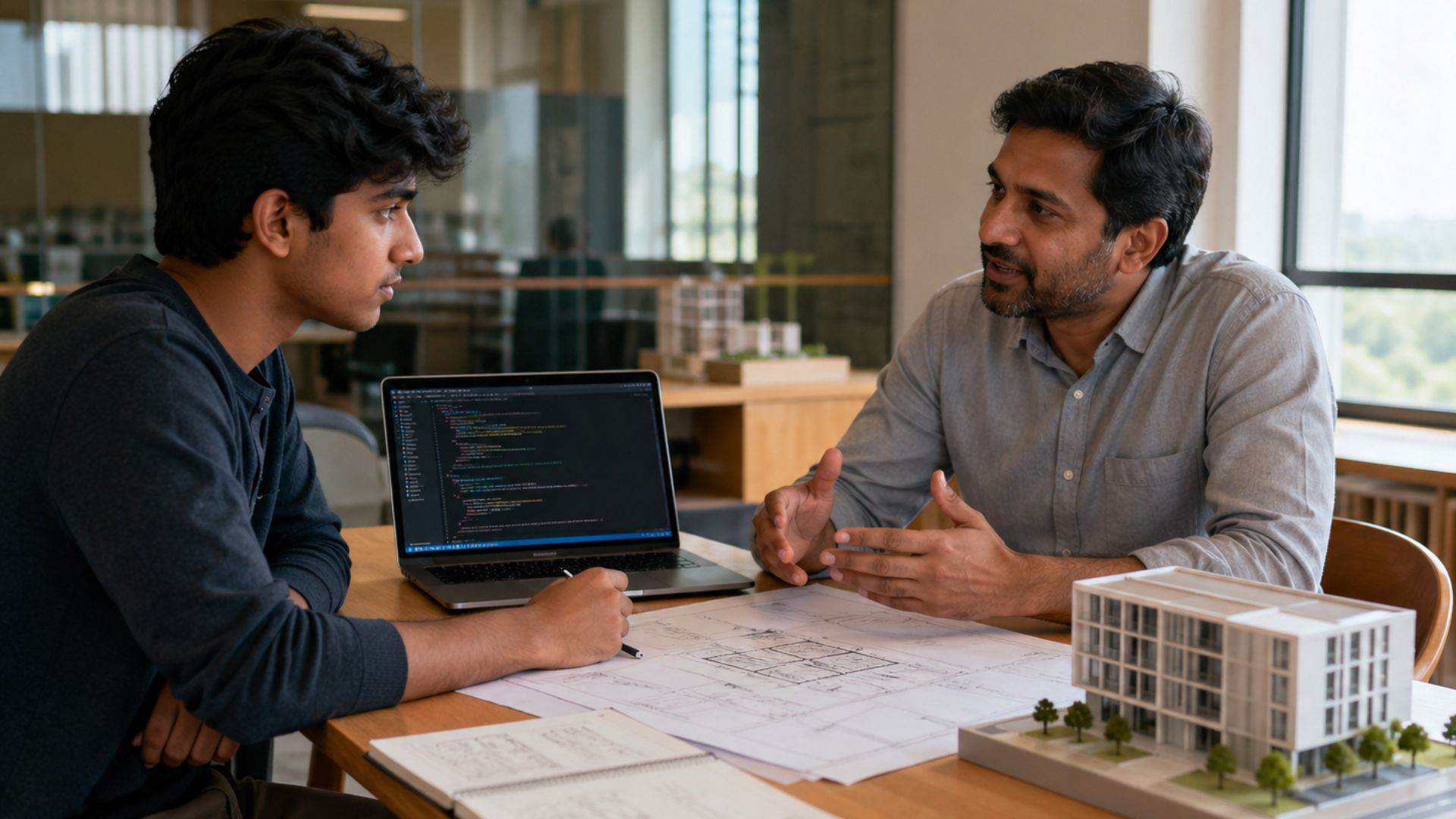 Student discussing software and building design concepts with a mentor while comparing cs vs civil engineering