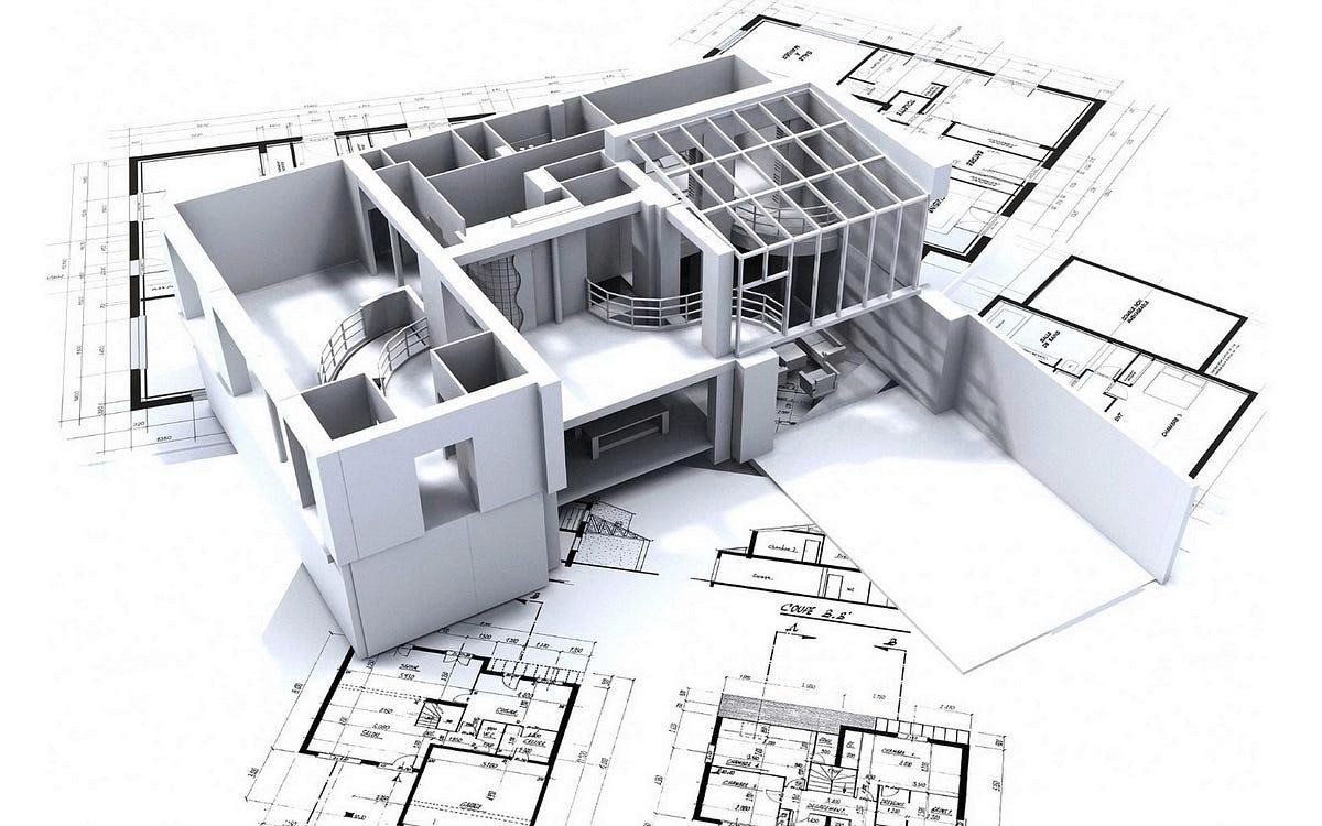 The image depicts a 3D architectural model with detailed blueprints, showcasing an interior layout featuring a central staircase, modern furnishings, and open floor plan.

AI-generated content may be incorrect.