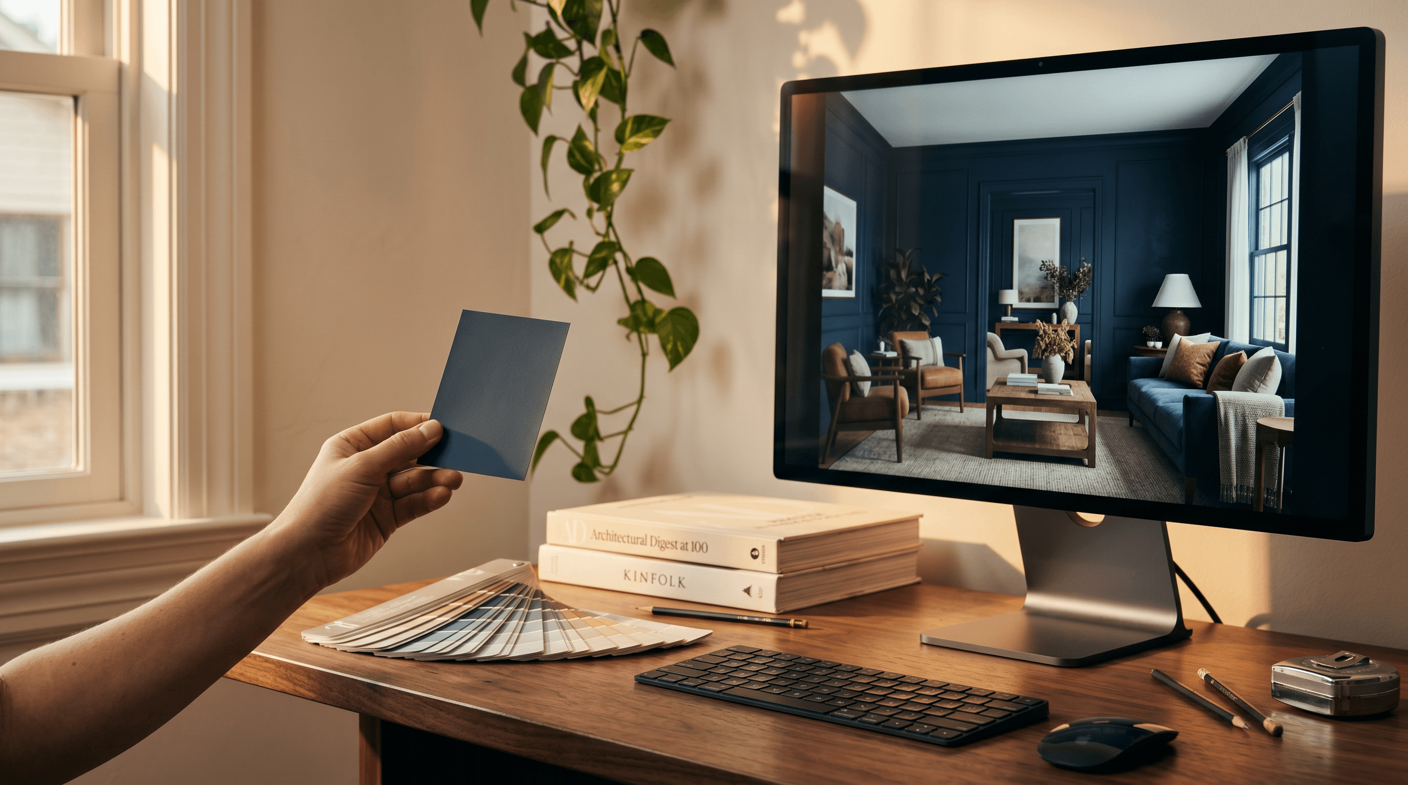 Interior designer comparing a navy blue paint chip to a digital living room rendering on screen — dark blue paneled room with leather and blue velvet seating, paint fan deck, and Architectural Digest and Kinfolk books on a walnut desk.