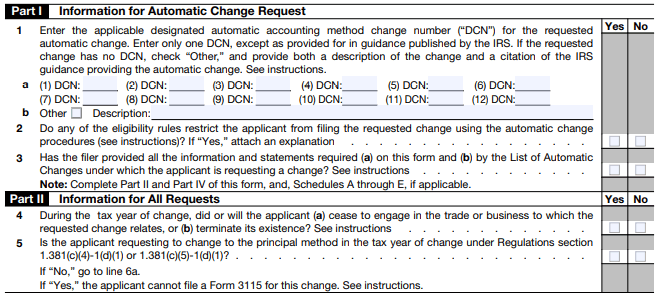 IRS automatic vs non-automatic accounting method change comparison for Form 3115 filing.