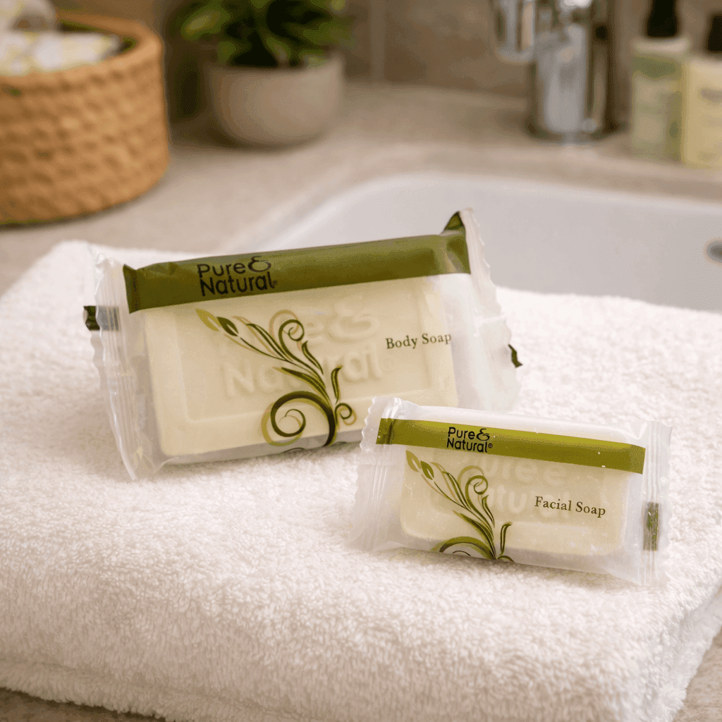 Pure & Natural bar soap by Transmacro Amenities displayed on towel in a hotel bathroom setting