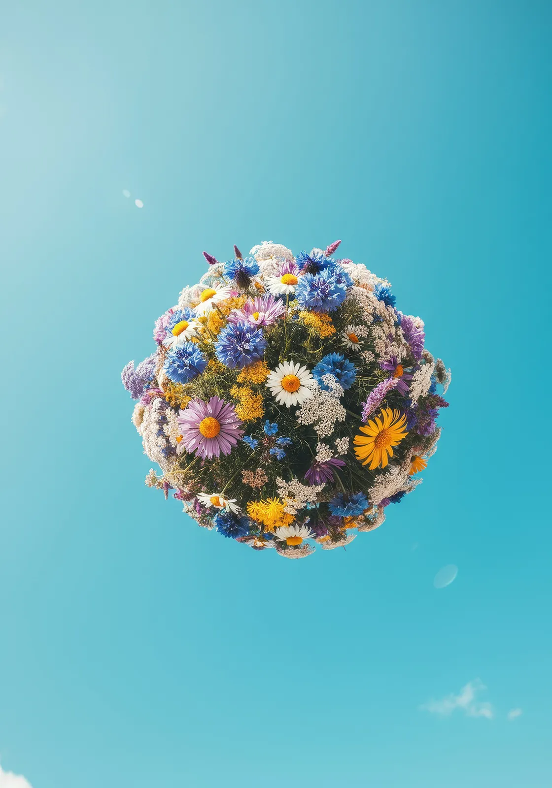 Sphere made of colorful wildflowers floating against a bright clear blue sky.