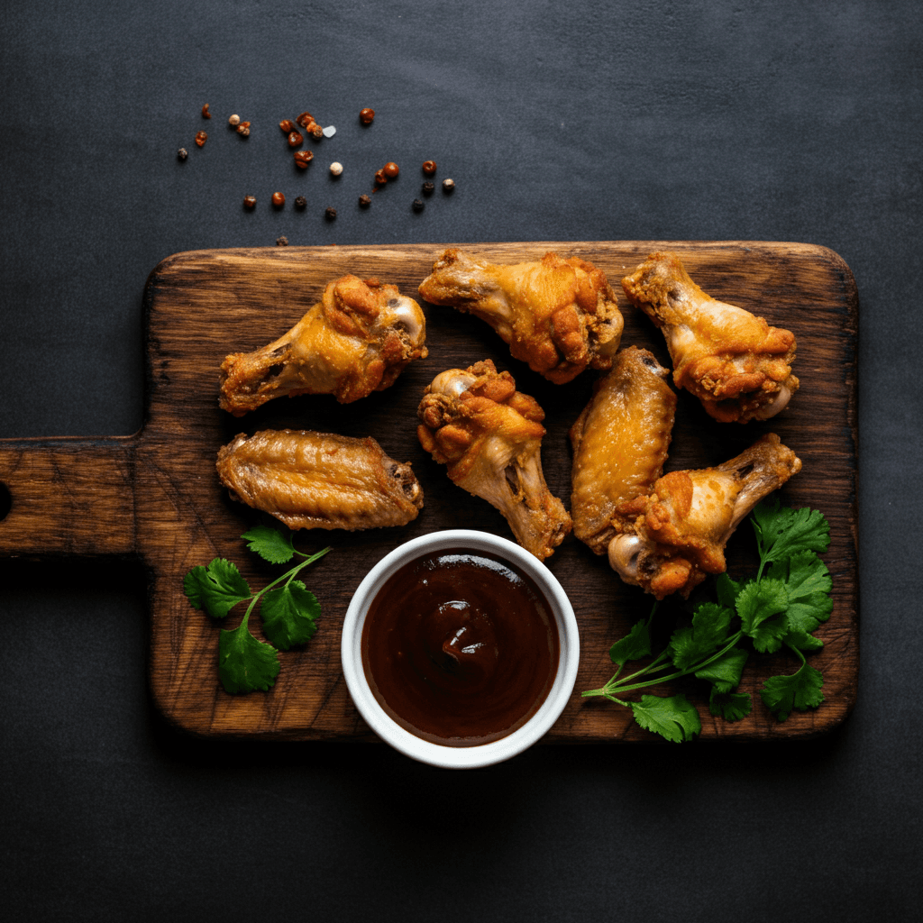 An overhead view of chicken wings and barbeque sauce on a cutting board.