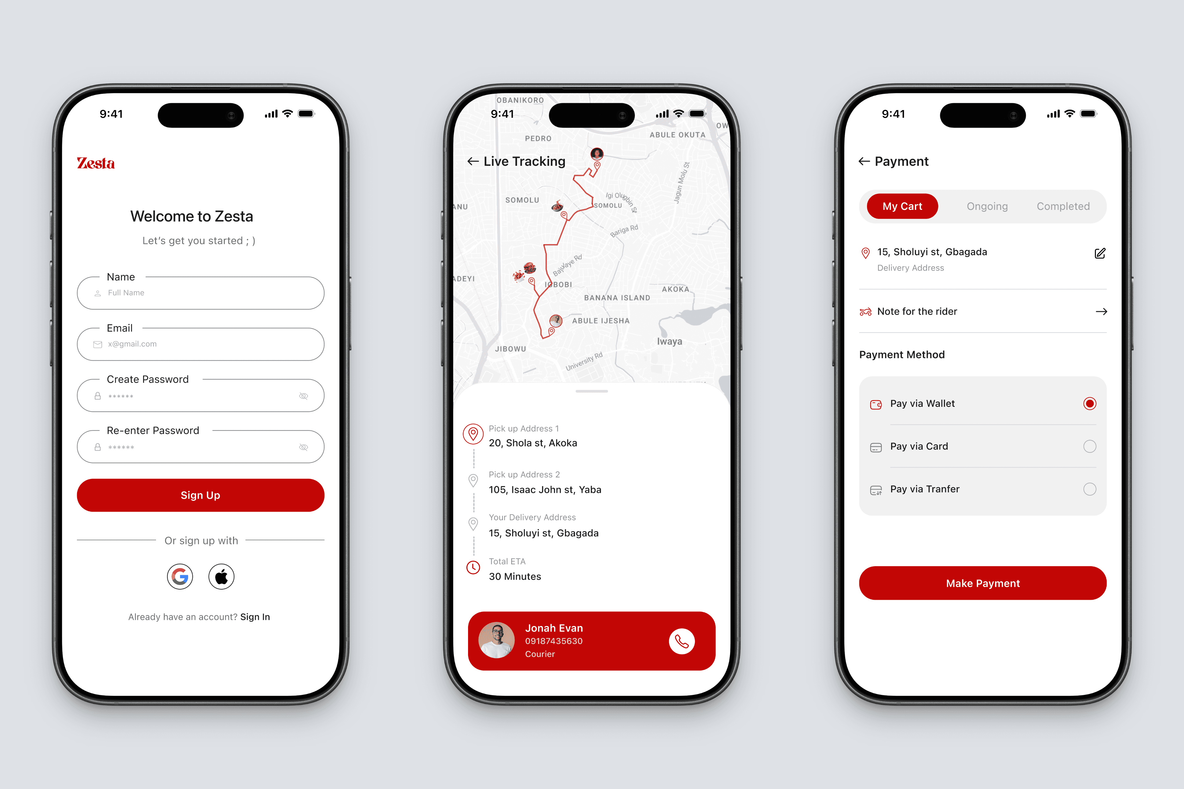 Sign up screen, Live Tracking screen and Order Payment screen
