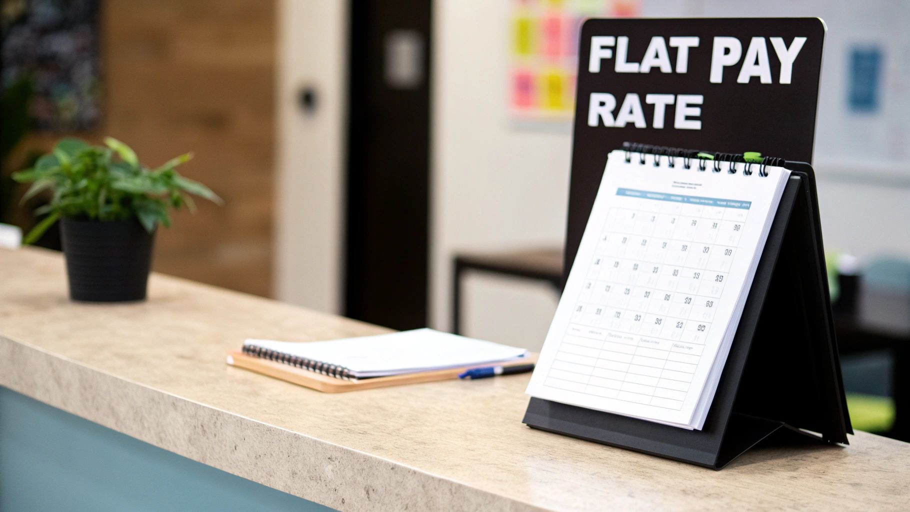 A reception desk with a plant, notebook, pen, and a calendar stand with 'FLAT PAY RATE' sign.