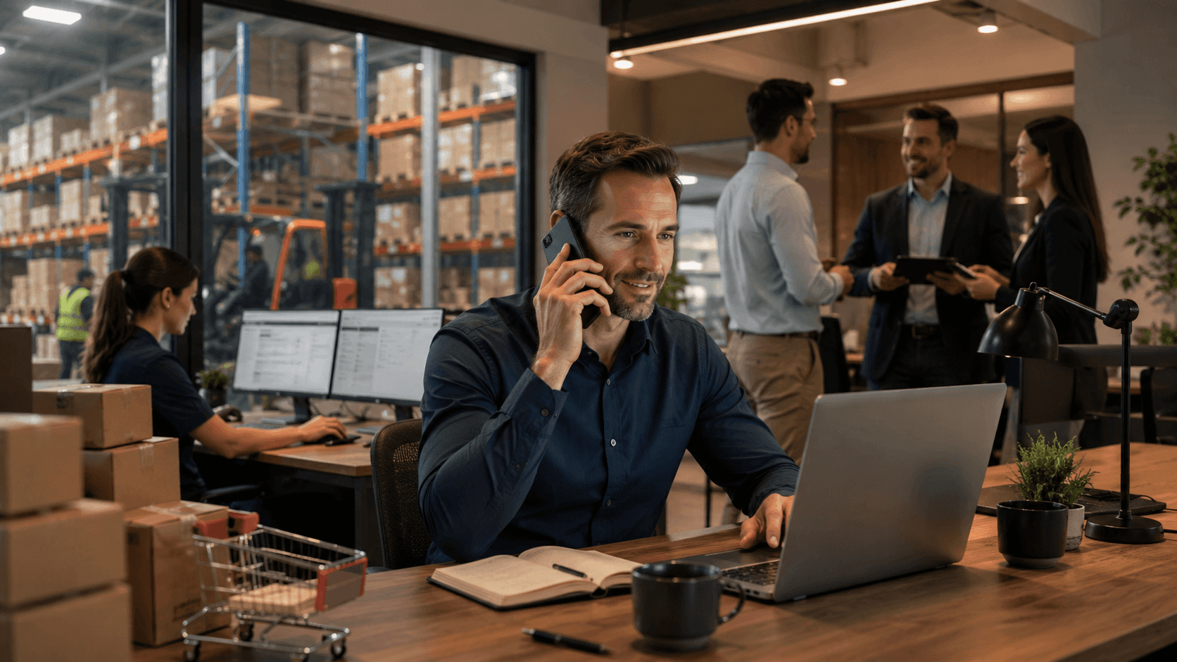Cena corporativa em estilo realista 3D mostrando um vendedor B2B trabalhando em um notebook enquanto fala ao telefone em um escritório moderno integrado a um centro logístico. Ao fundo, colaboradores analisam dados, conversam em reunião e operam sistemas em computadores, enquanto um armazém com prateleiras e caixas aparece através de uma grande janela de vidro. A composição transmite produtividade, automação de processos e integração entre vendas e operação logística.