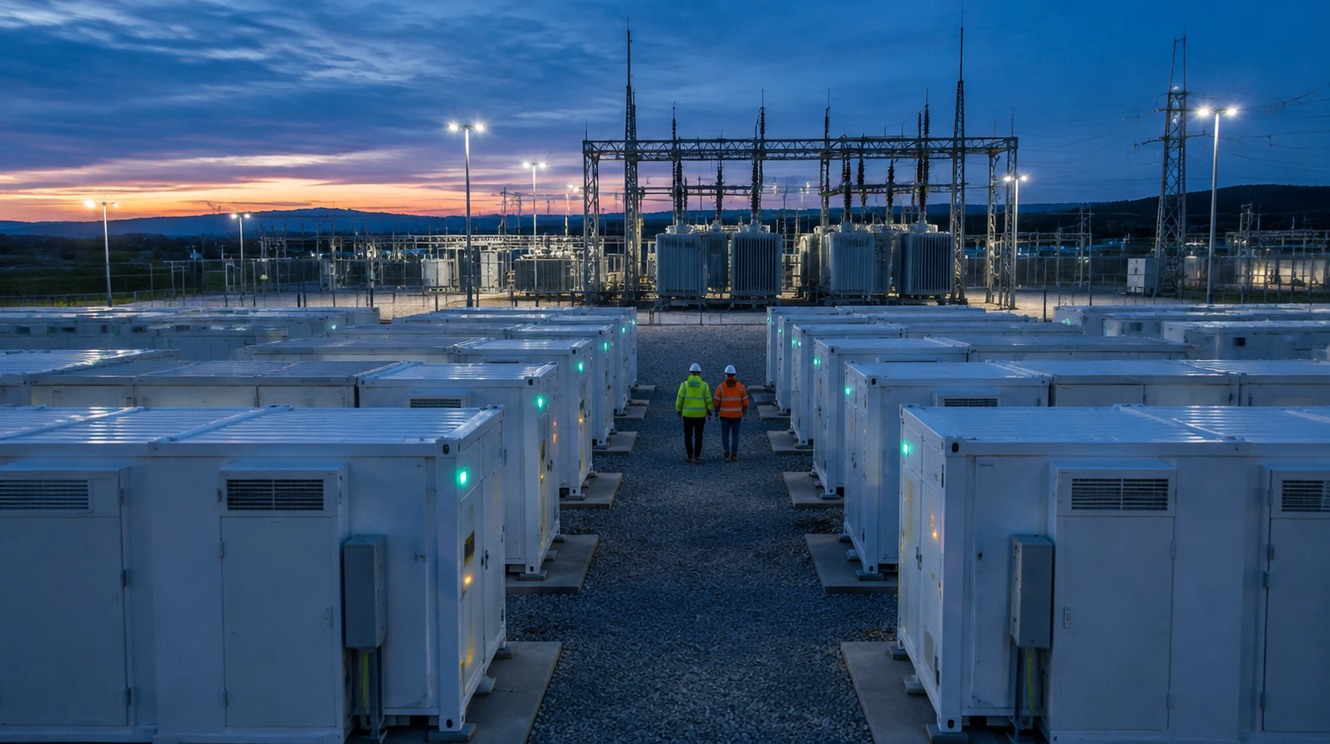 Engineers walking between battery storage containers at a grid-scale storage facility at dusk