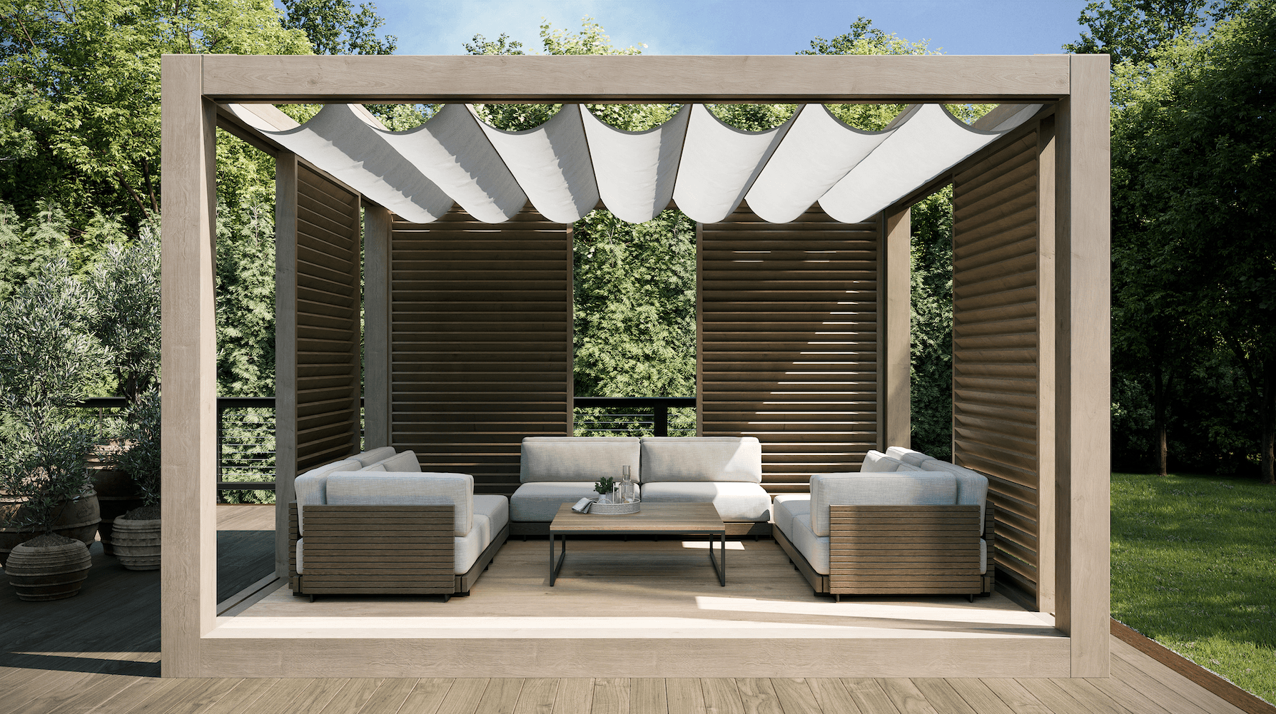 Moderní zahradní pergola TerraBlock – přírodní dřevo, stylová terasa