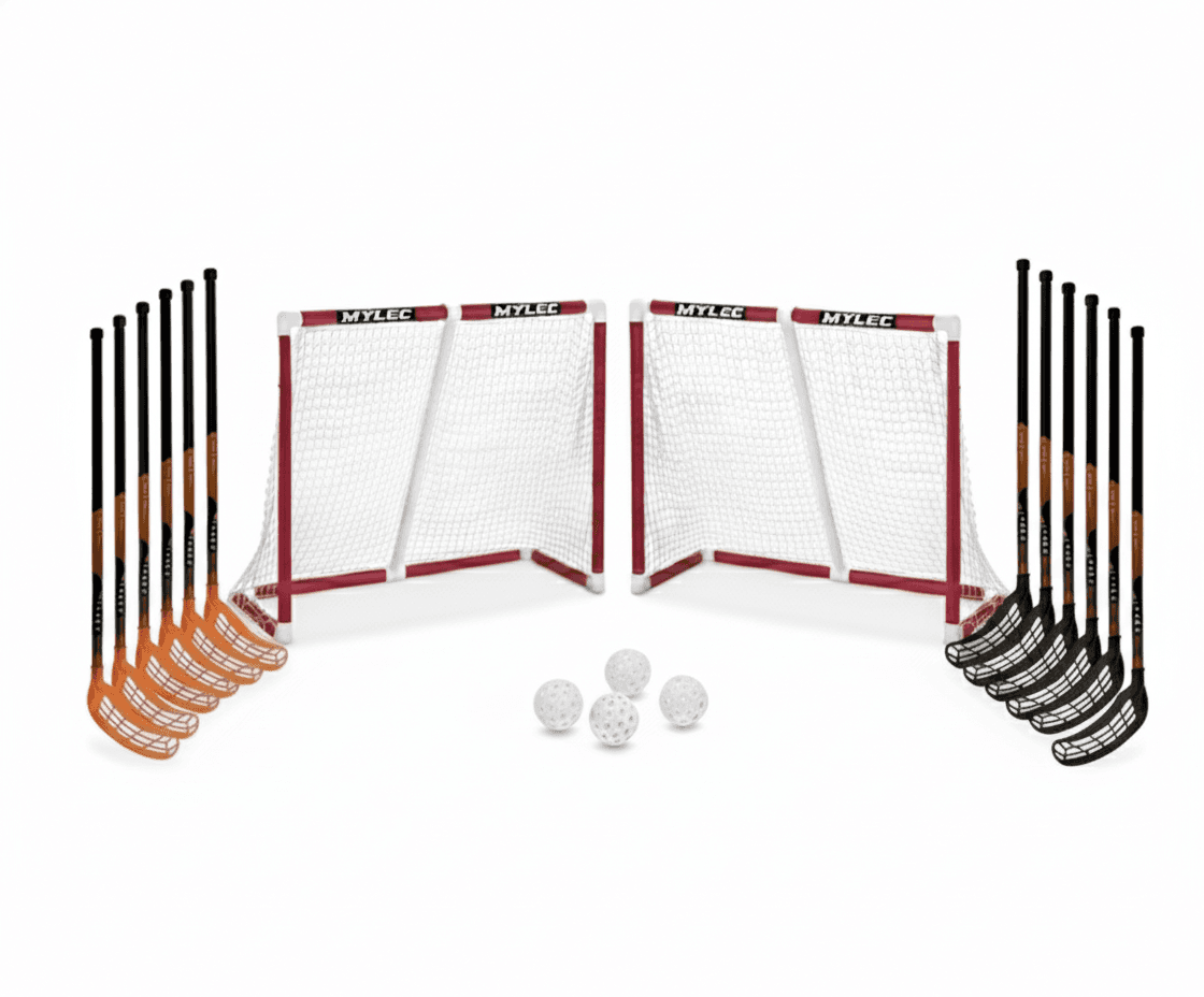 Kit de floorball complet Mylec à louer à Montréal – 12 bâtons, 2 buts et 4 balles
