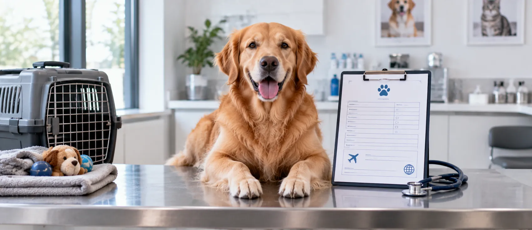 A Golden Retriever sits on a veterinary exam table beside a travel crate and clipboard.