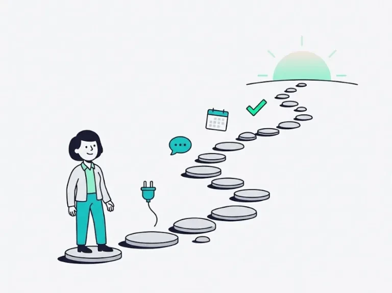 Illustration of a person setting off along a path of stepping stones towards a sunrise, with a plug, a speech bubble, a calendar and a tick along the way