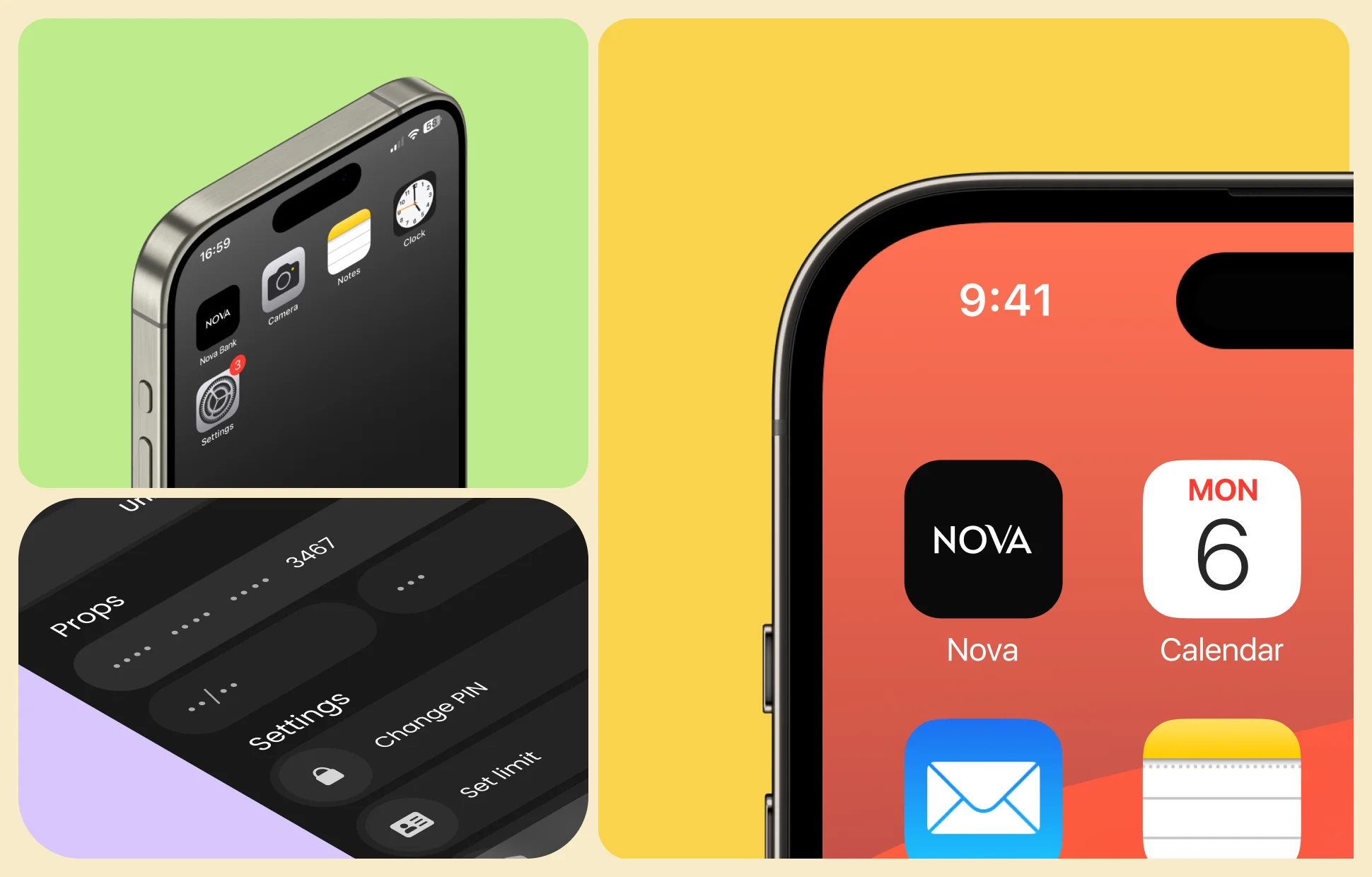 Nova app icon on iPhone home screen alongside iOS apps — brand placement mockup