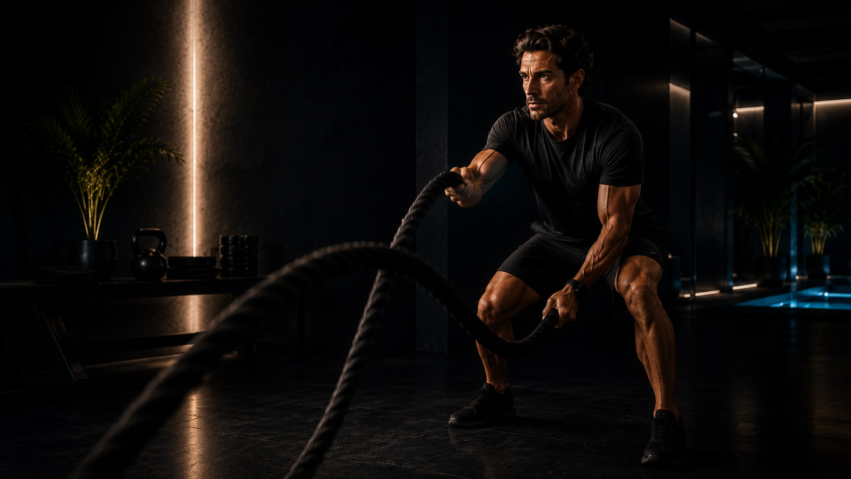 Man performing battle rope training in a dark gym, addressing visceral fat and muscle preservation