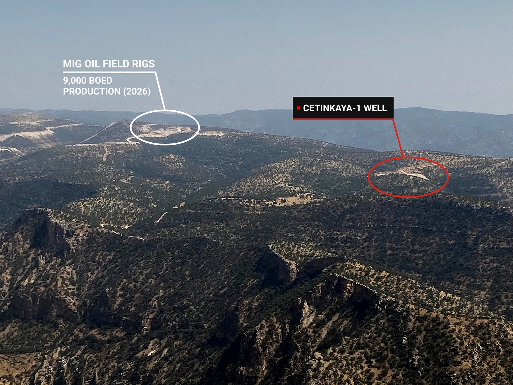 View across the Gabar Block showing the Çetinkaya-1 well location and nearby Mig Oil Field