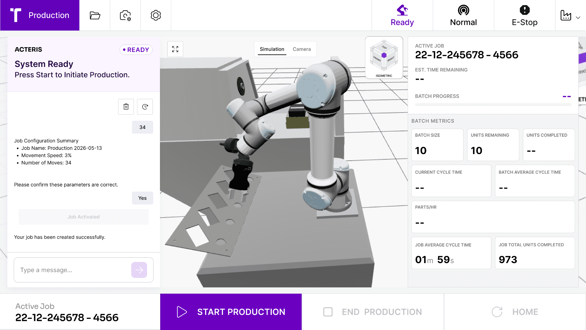 Screenshot of the Acteris production interface showing an active job, batch metrics, and production controls.