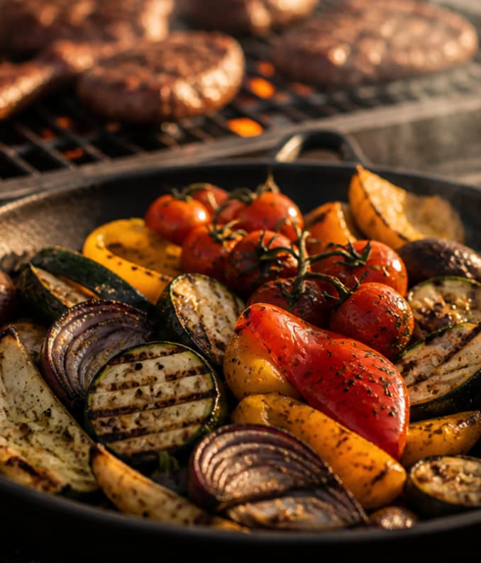 Sfeervol BBQ cateringmoment met gasten en live cooking in een informele setting
