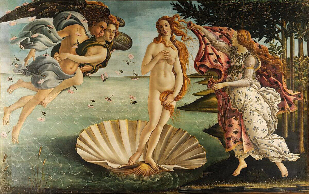A classical painting depicting a woman emerging from a shell, surrounded by mythological figures and a natural setting.