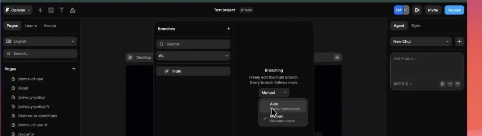 The Framer Branches menu showing automatic and manual branching modes.