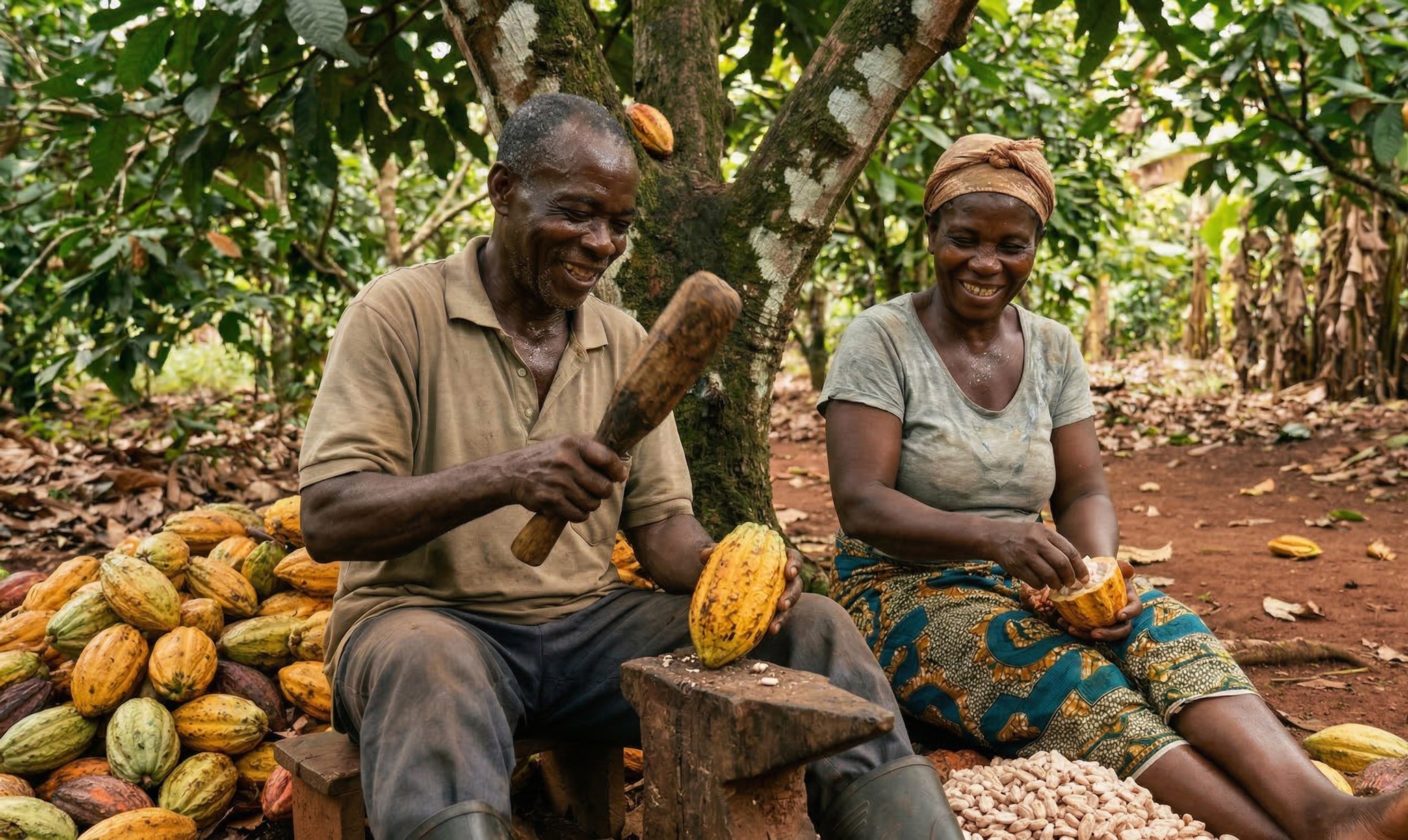 Un couple de paysans pratiquant l'écabossage des cabosses de cacao