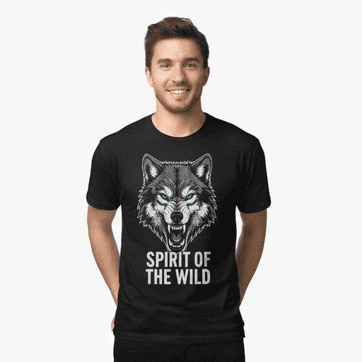 man wearing spirit of the wild tshirt which has a wolf image