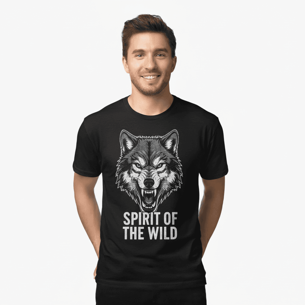 man in a studio wearing a black tshirt that says spirit of the wild