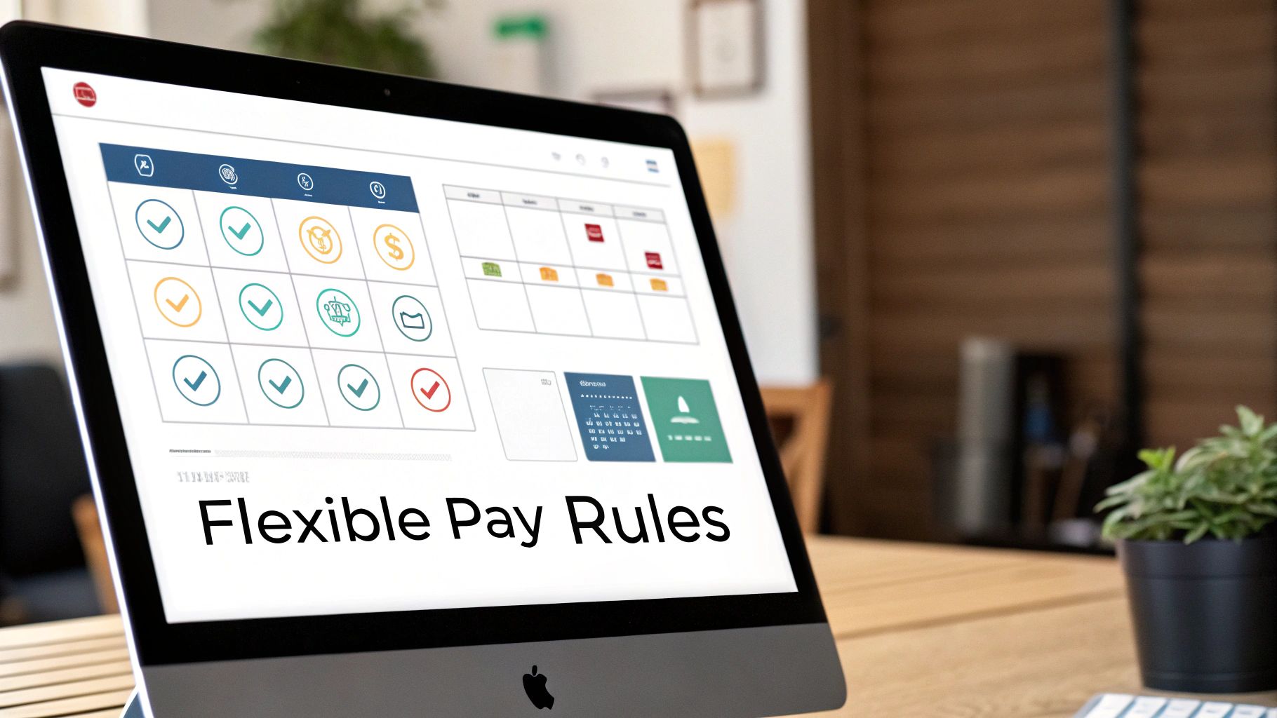 A computer screen displays 'Flexible Pay Rules' software with icons and a calendar for payroll management.