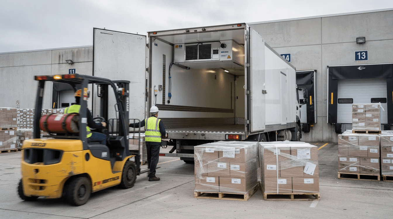A refrigerated truck is being loaded at a warehouse dock with pallets of goods stacked neatly, ready for transport. This scene highlights the importance of efficient logistics in the truck finance industry, ensuring smooth business cash flow for transport businesses.