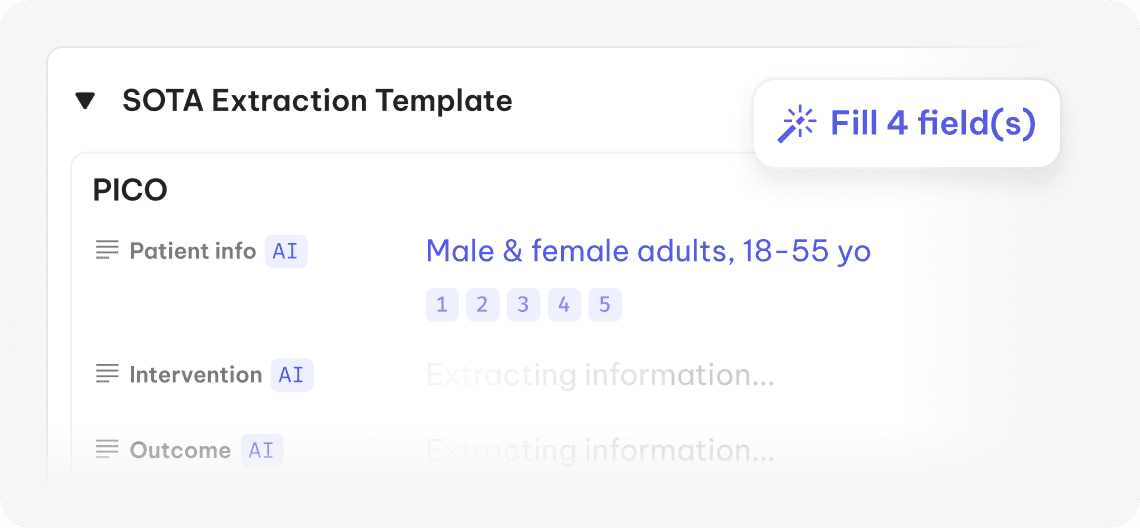 AI-powered SOTA extraction template in Flinn 3.0 automatically filling PICO fields for patient info, intervention, and outcomes.