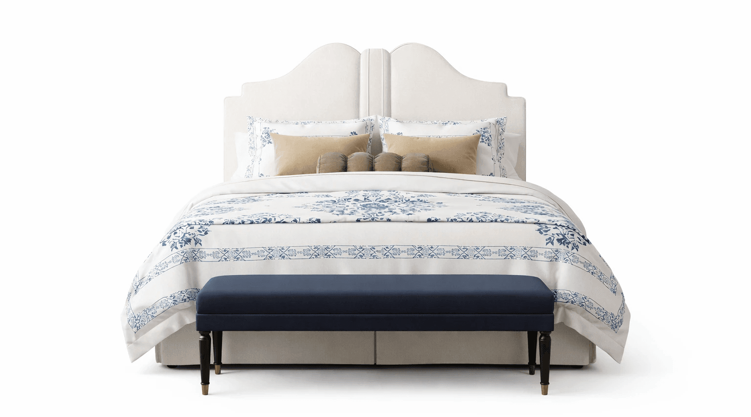 Upholstered bed with winged headboard, cushioned panels, and low wooden base