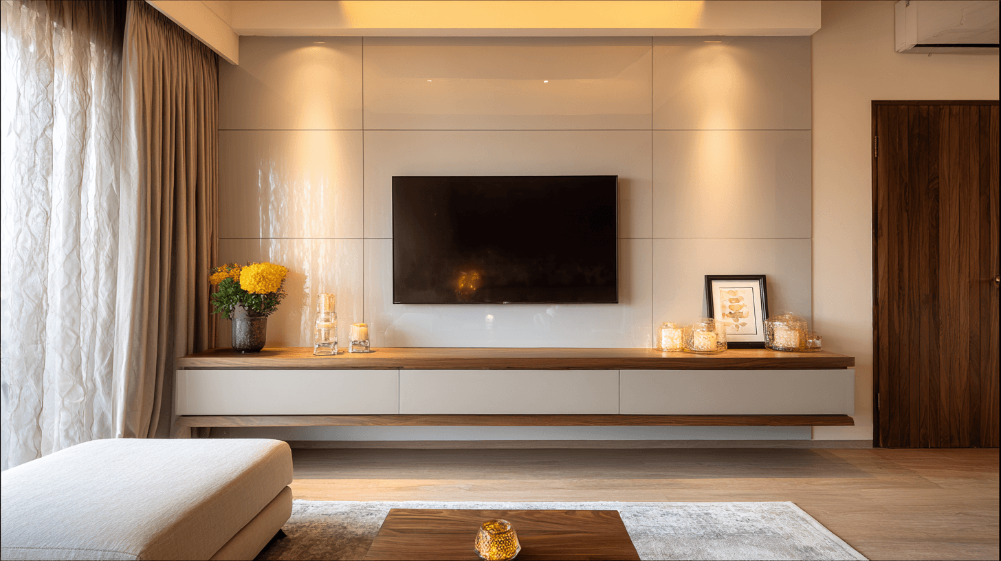 Glossy Back Panel TV Wall with Sleek Floating Console