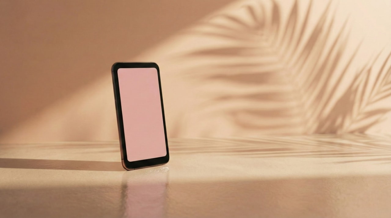 A smartphone with a blank pink screen stands on a smooth surface. Soft palm leaf shadows create a tropical, calming ambiance in the background.