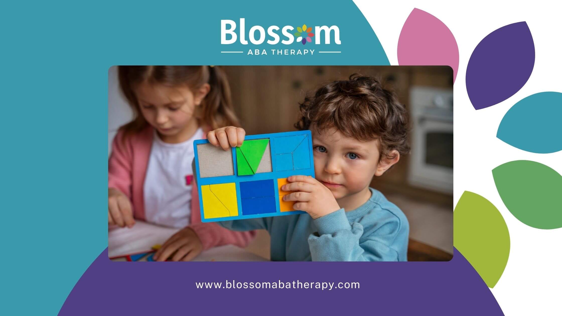 A boy with autism holds a colorful puzzle board during ABA therapy, with a girl working nearby.