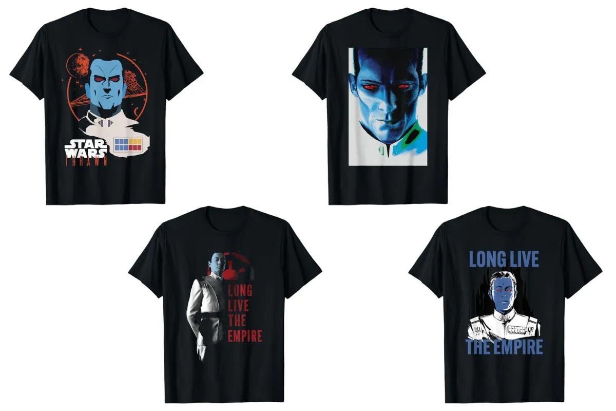 Four examples of T-shirts featuring Grand Admiral Thrawn.