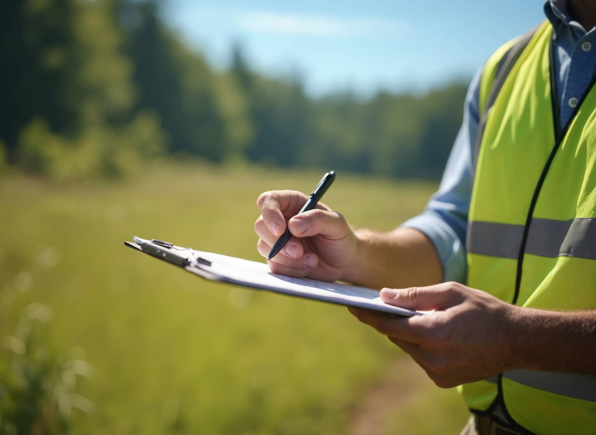 Gros plan sur les mains d'un inspecteur en environnement portant une veste de haute visibilité jaune et écrivant sur un presse-papiers ou un formulaire d'inspection. L'arrière-plan est un champ verdoyant et flou sous un ciel bleu clair, suggérant une évaluation de site en plein air.