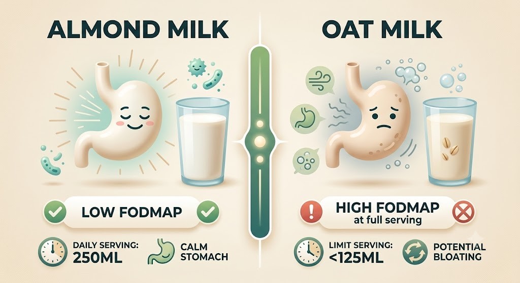 A friendly infographic comparing the digestive comfort of almond milk and oat milk. The left side shows a happy stomach and labels almond milk as Low FODMAP and calm. The right side shows a slightly bloated stomach and labels oat milk as High FODMAP at full serving, cautioning about potential bloating and recommending limited servings.