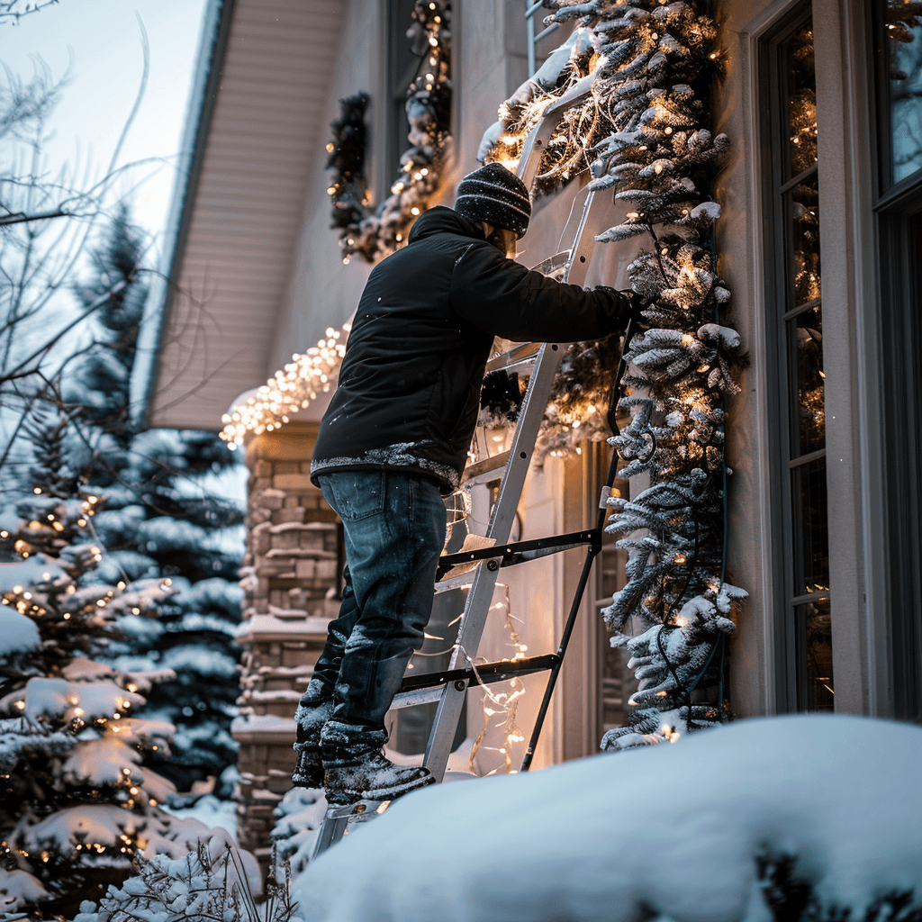 Holiday light setup along roofline in Brigham City Utah