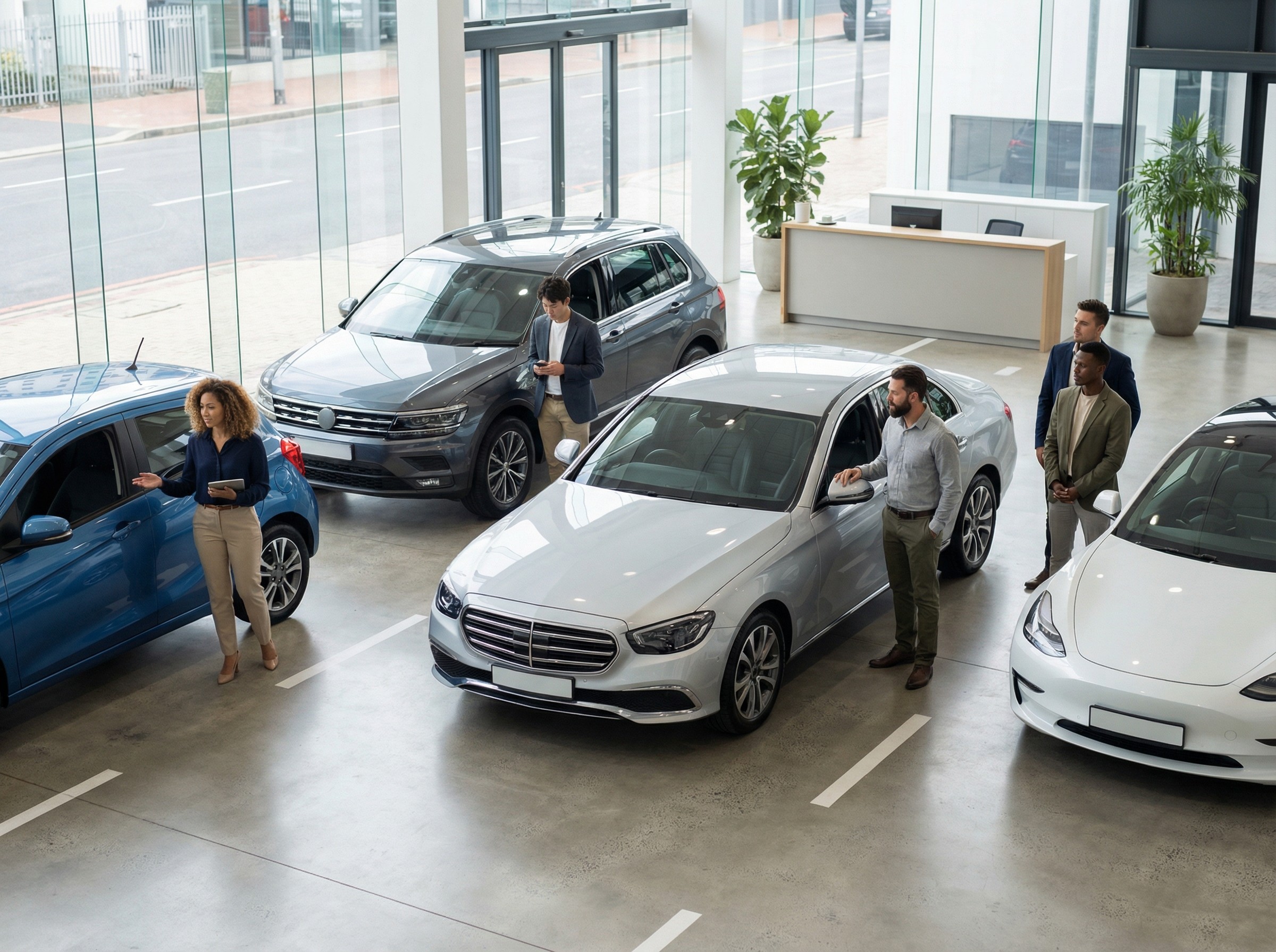 Ein Team steht vor einer großen Glasfront, mehrere Verkäufer zeigen auf unterschiedliche Fahrzeuge im Showroom. Jeder hat klare Zuständigkeiten, die Wege sind kurz und die Atmosphäre wirkt strukturiert und zielführend.