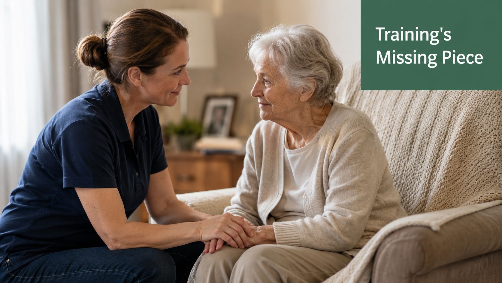 A caregiver holding hands with an elderly woman, providing support and connection in a comfortable home setting.
