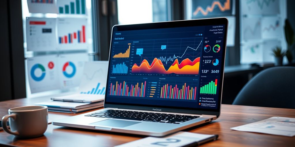 Laptop with colorful data visualization on desk.