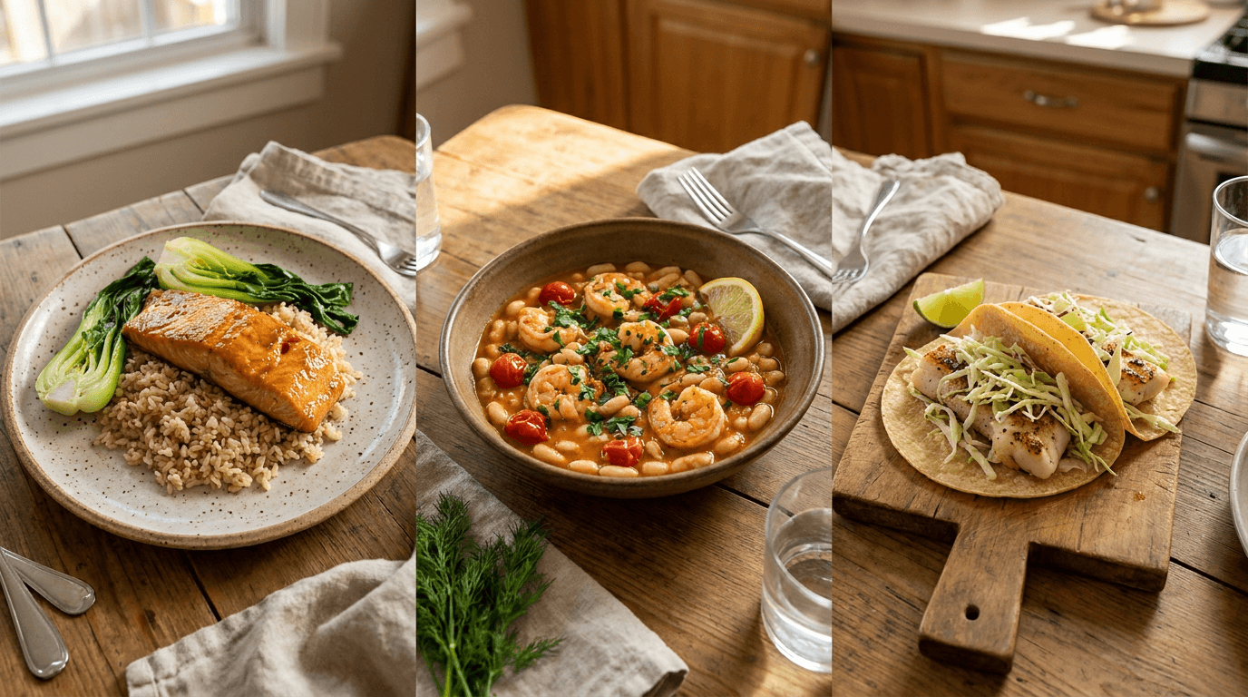 three pescatarian dinner ideas: miso salmon, shrimp stew, and cod tacos