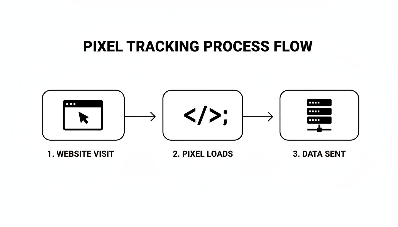 Flowchart illustrating the pixel tracking process from website visit to data being sent.