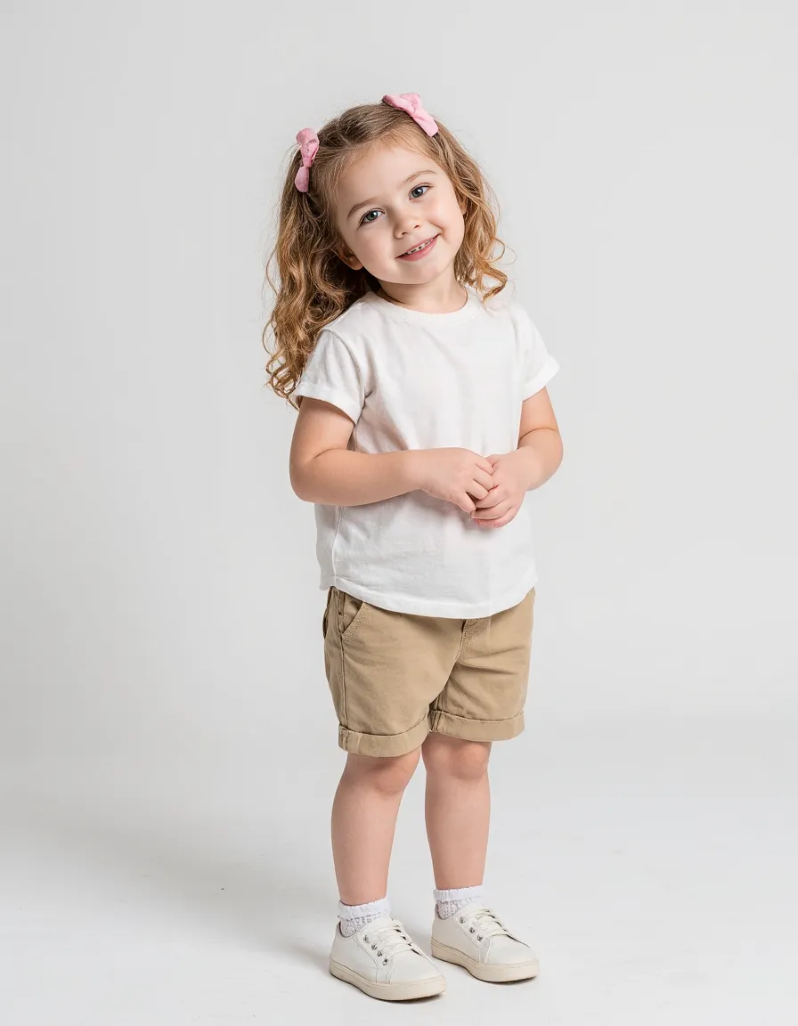 Child in minimalist photoshoot wearing white t-shirt and beige shorts against clean white background, perfect for catalogue styling