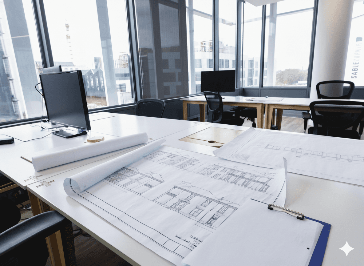Baupläne und Architekturskizzen auf einem Tisch im modernen Büro von TUFE Bau.