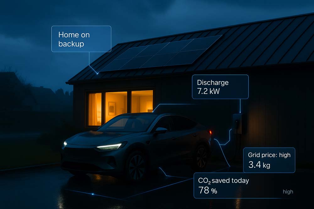 The sky is the limit for future integrations of home integrations with electric vehicles and carbon footprint reduction, the image is a house connected.